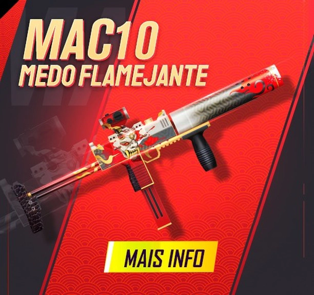 Arma Royale Free Fire Maio 2022 Skin MAC10 Medo Flamejante disponível no dia 26 de Maio