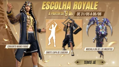 Escolha Royale Free Fire ganhe Conjunto “Mano Faraó”, Emote “Capa de Cadeira” e Mochila “Día De Los Muertos”