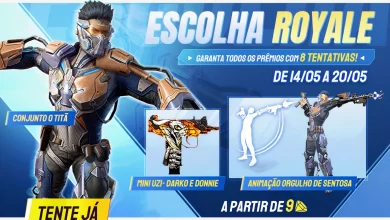 Escolha Royale Free Fire ganhe Conjunto Titã, animação Orgulho de Sentosa e Mini Uzi Darko e Donnie