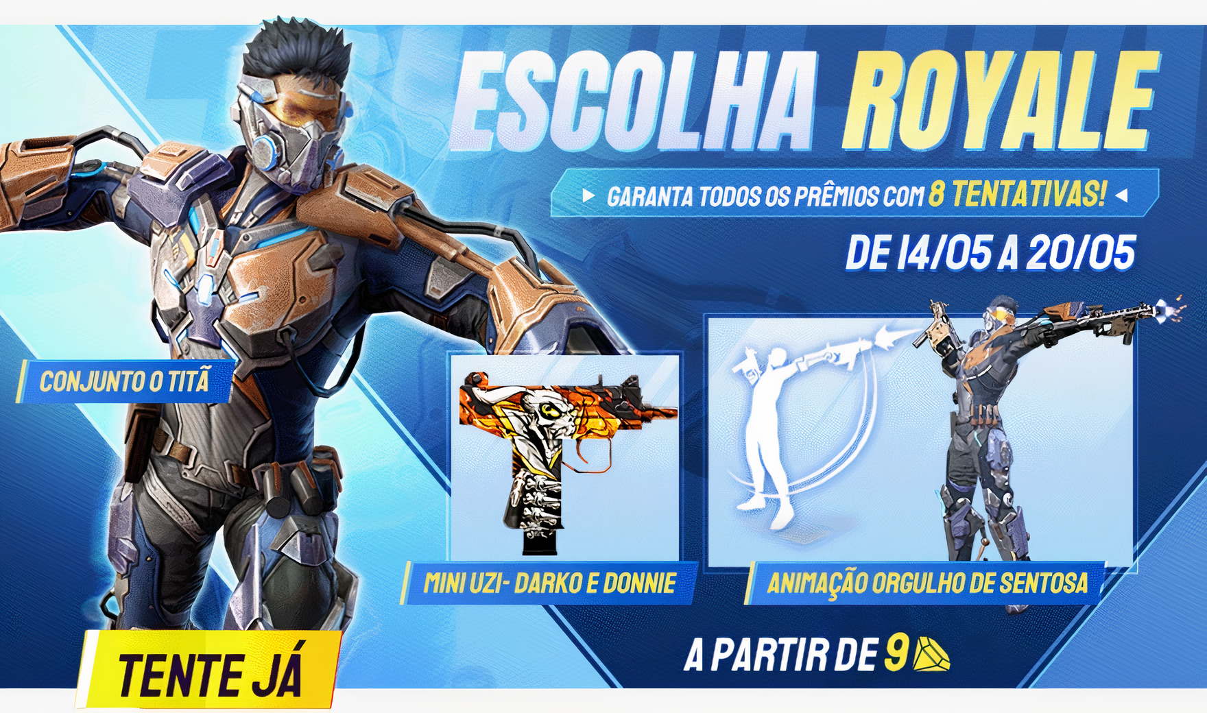 Escolha Royale Free Fire ganhe Conjunto Titã, animação Orgulho de Sentosa e Mini Uzi Darko e Donnie