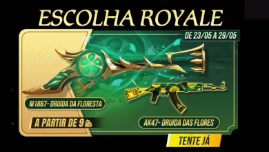 Escolha Royale Free Fire ganhe Skins de Armas M1887 e AK47 Druida da Floresta