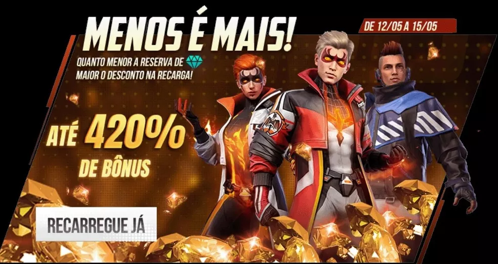 Recarga de Diamantes Menos é Mais no Free Fire dará 420% de bônus