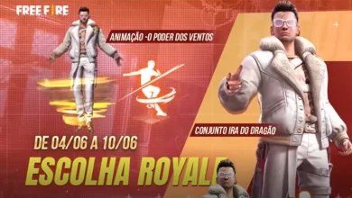 Escolha Royale Free Fire ganhe Conjunto Ira do Dragão e Animação O Poder dos Ventos