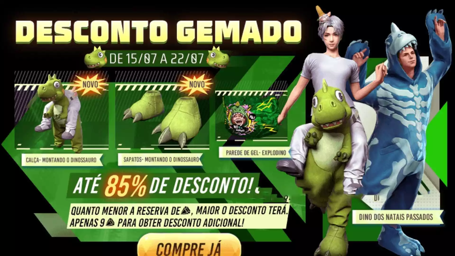 Desconto Gemado Free Fire Pegue a Calça Montando o Dinossauro (Julho 2022)