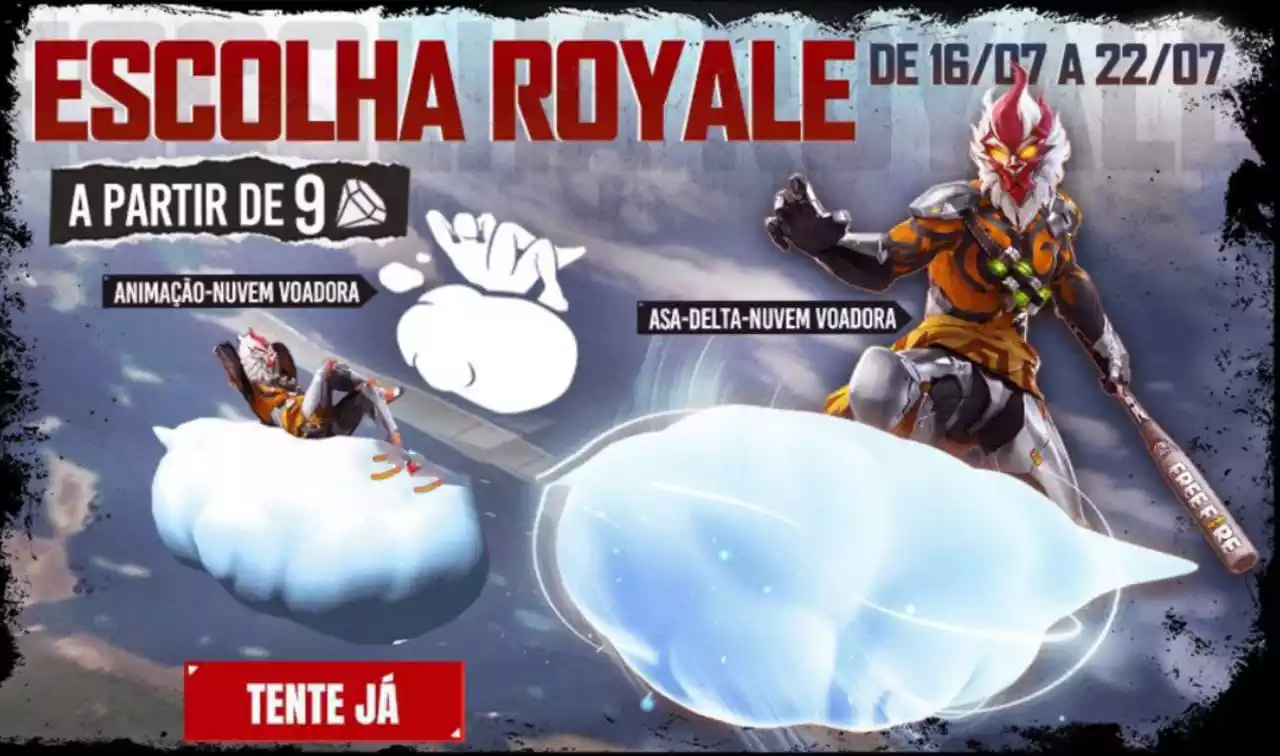 Escolha Royale Free Fire ganhe Animação Nuvem Voadora e Asa-Delta Nuvem Voadora