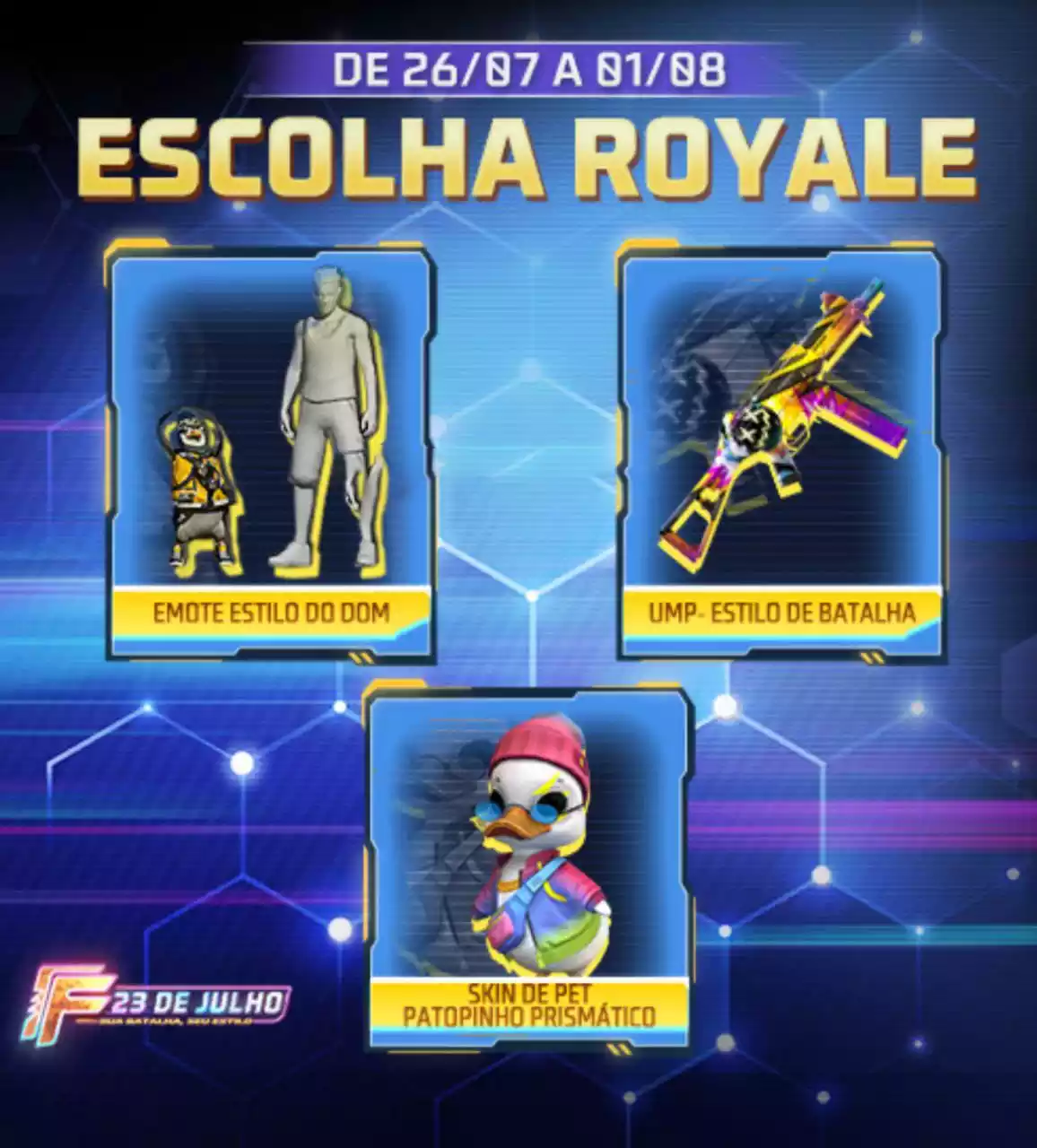 Escolha Royale Free Fire ganhe UMP Estilo de Batalha, Skin de Pet PaTopinho Prismático e Emote Estilo do Dom