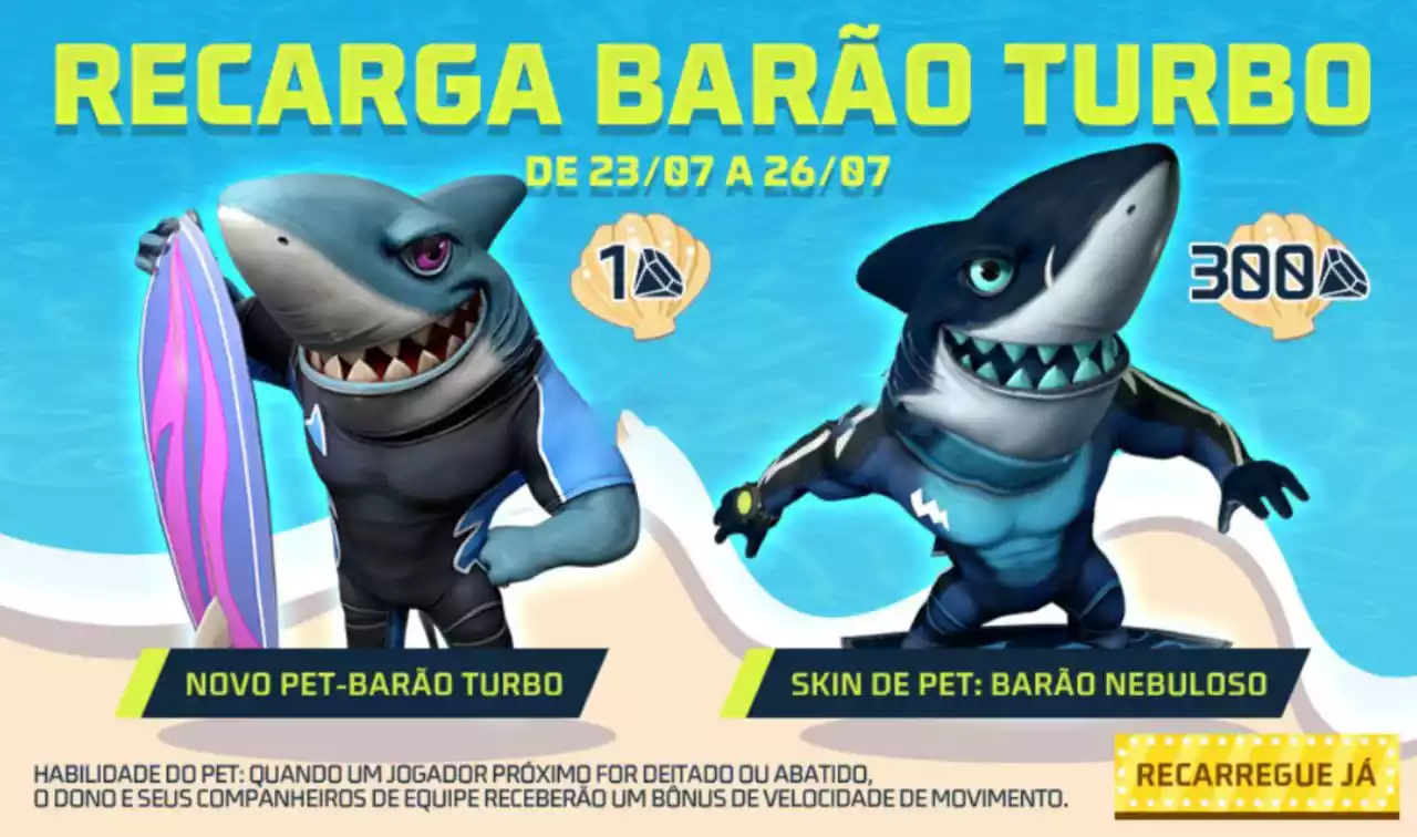 Evento Recarga Free Fire Barão Turbo e a skin de pet Barão Nebuloso chega em 23 de julho