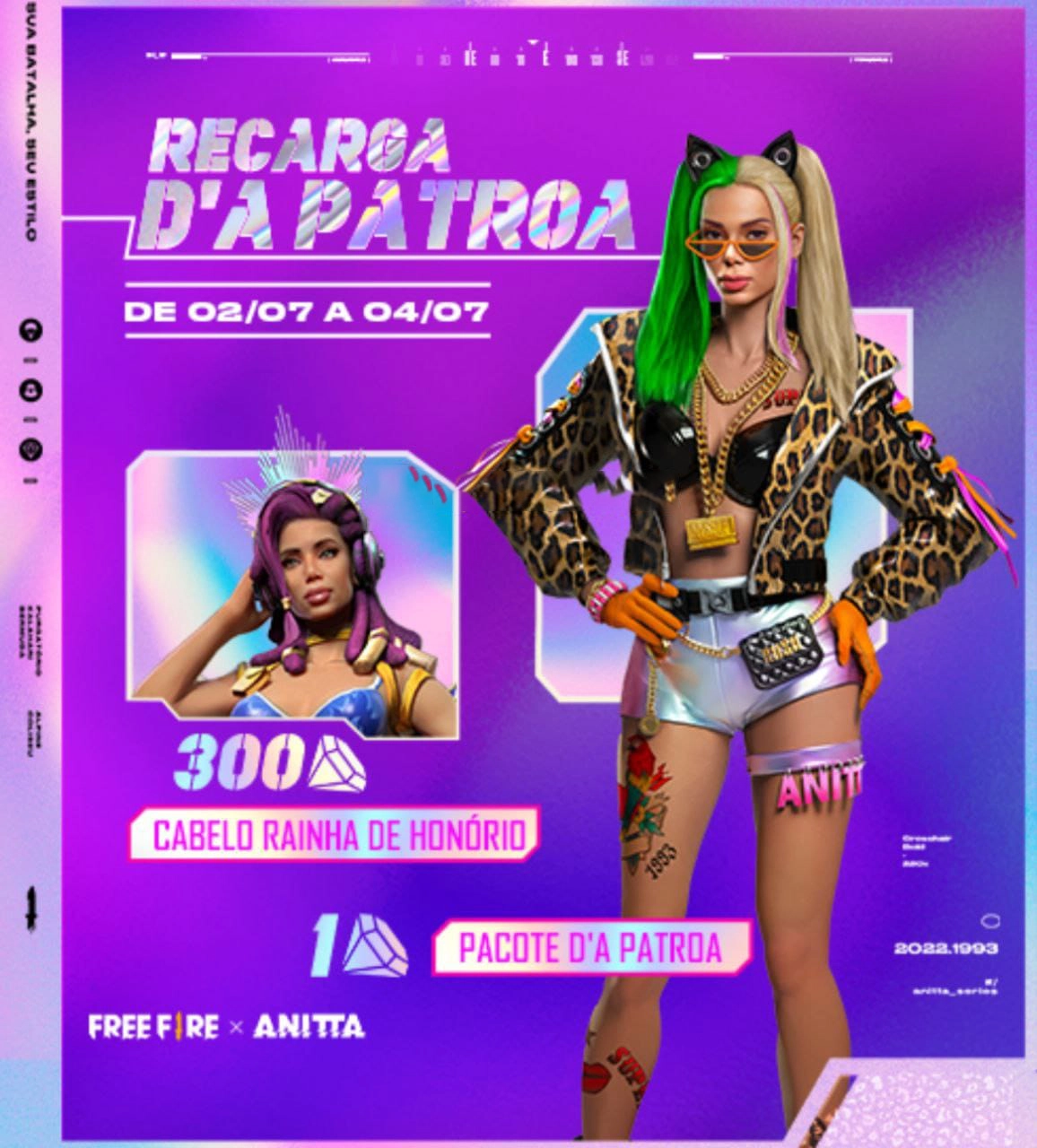 Evento Recarga Free Fire Cabelo Rainha de Honório e Pacote d'A Patroa chega em 02 de julho