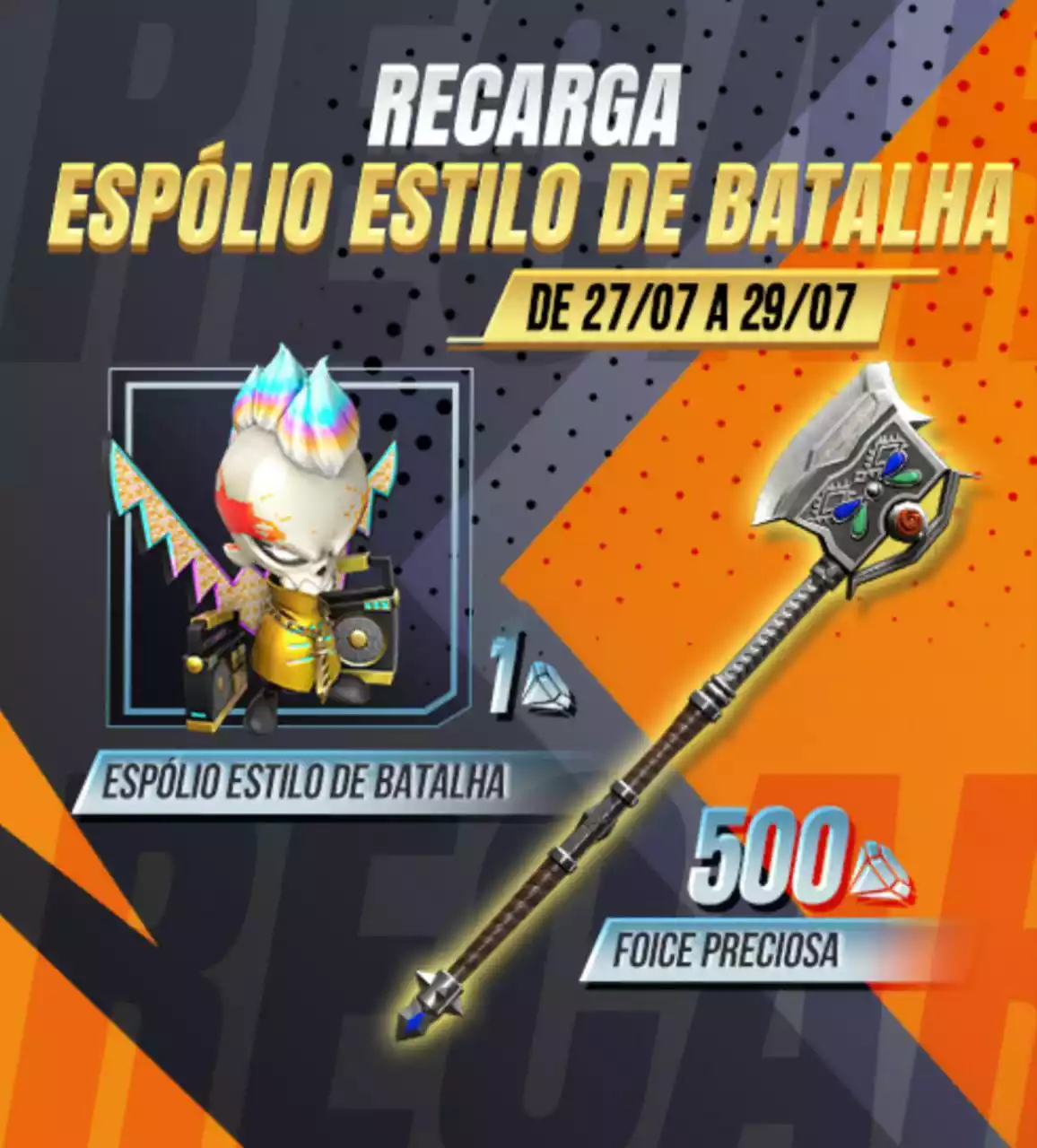 Evento Recarga Free Fire Espólio Estilo de Batalha e Skin de Foice Preciosa chega em 27 de julho