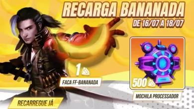 Evento Recarga Free Fire Faca Bananada e Mochila Processador chega em 16 de julho