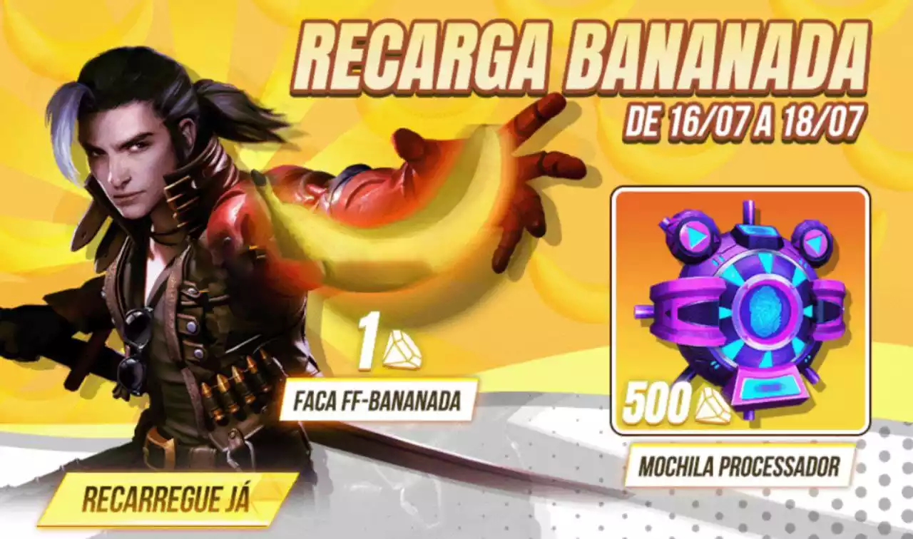 Evento Recarga Free Fire Faca Bananada e Mochila Processador chega em 16 de julho