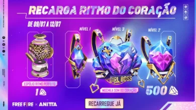 Evento Recarga Free Fire Mochila Som do Coração e o Espólio Ritmo Perfeito chega em 09 de julho