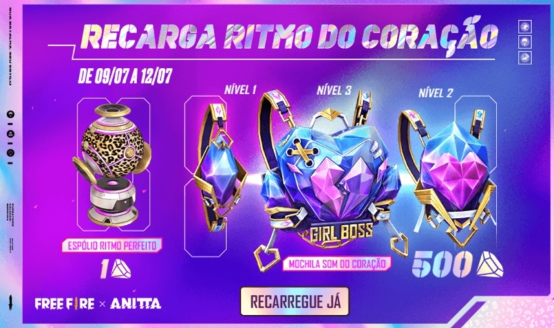 Evento Recarga Free Fire Mochila Som do Coração e o Espólio Ritmo Perfeito chega em 09 de julho