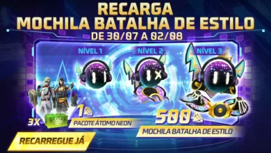 Evento Recarga Free Fire Pacote Átomo Neon e Skin Mochila Batalha de Estilo chega em 30 de julho