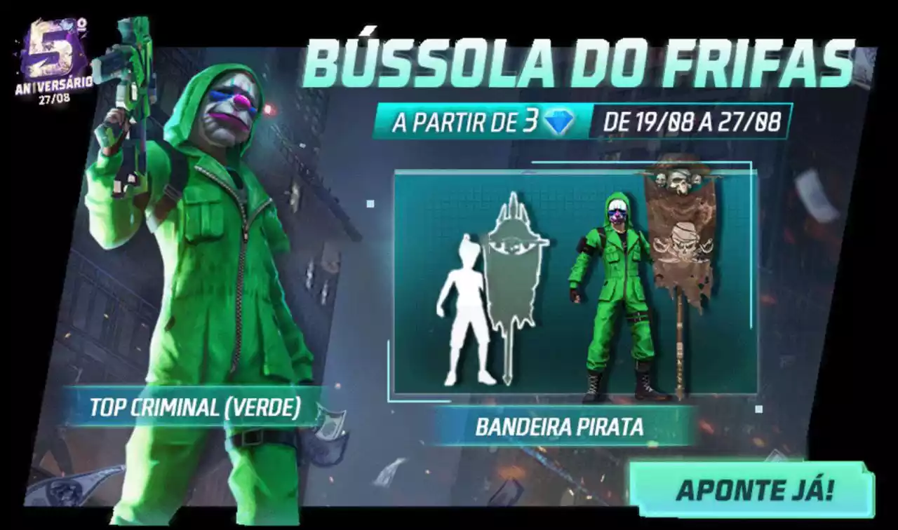 Bússola de Prêmios Free Fire Conjunto Top Criminal Verde