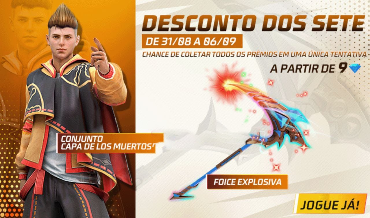 Desconto dos Sete Free Fire Como pegar o Conjunto Capa de Los Muertos