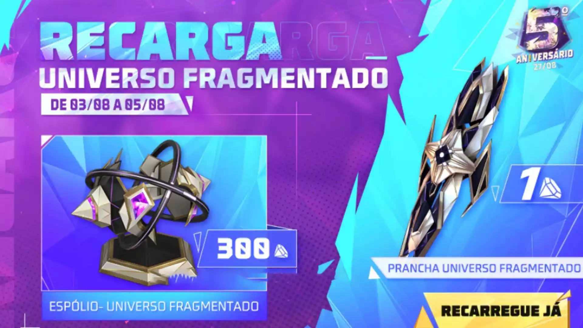 Evento Recarga Free Fire Espólio Universo Fragmentado e Skin de Prancha Universo Fragmentado chega em 03 de agosto