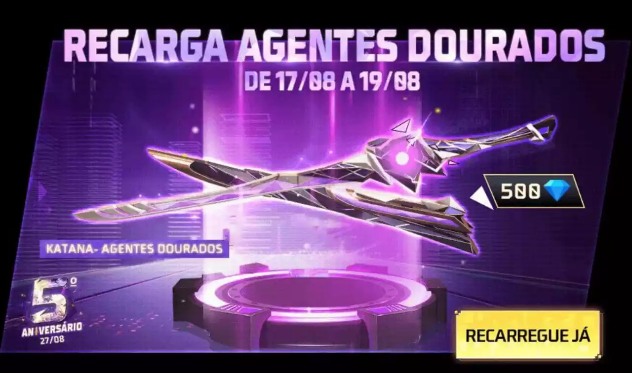 Evento Recarga Free Fire Katana Agentes Dourados chega em 17 de agosto