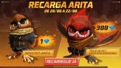 Evento Recarga Free Fire novo pet Arita e a skin Arita Exploradora chega em 20 de agosto