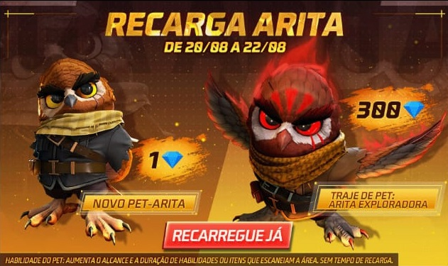 Evento Recarga Free Fire novo pet Arita e a skin Arita Exploradora chega em 20 de agosto