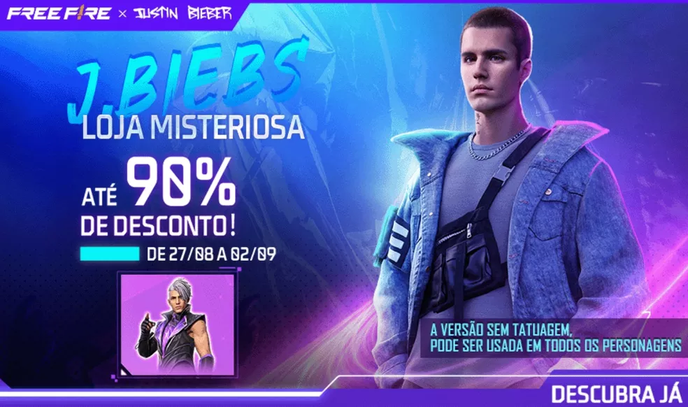 Loja Misteriosa Free Fire Pegue o Personagem Justin Bieber e Conjunto Novo Mundo Agosto 2022