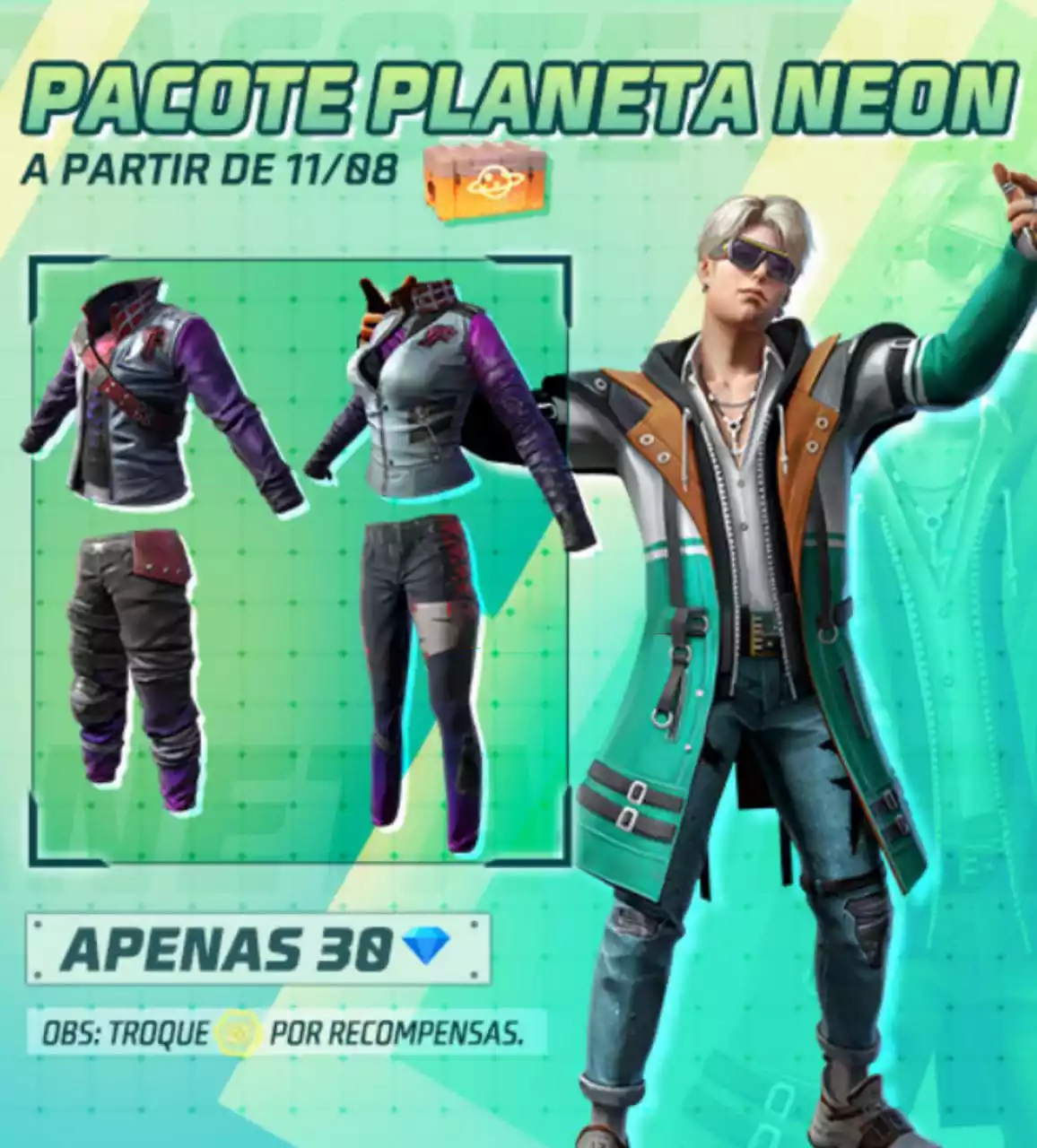 Pacote Planeta Neon Conjunto Rolezeiro volta ao Free Fire em 11 de agosto