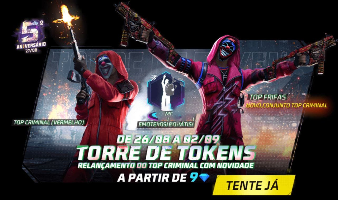 Torre de Tokens Free Fire Como pegar o Conjunto Top Frifas e o Top Criminal Vermelho