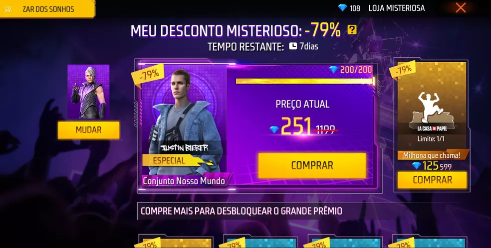 Loja Misteriosa Free Fire Pegue o Personagem Justin Bieber e Conjunto Novo Mundo Agosto 2022