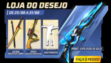 Loja do Desejo Free Fire: Como ganhar o M1887 Explosão de Gelo, Katana Iniciativa Cobra e Emote Jogo Perigoso