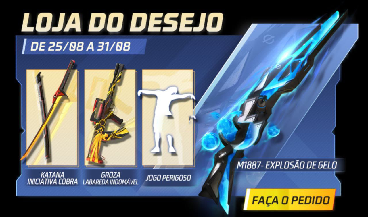 Loja do Desejo Free Fire: Como ganhar o M1887 Explosão de Gelo, Katana Iniciativa Cobra e Emote Jogo Perigoso