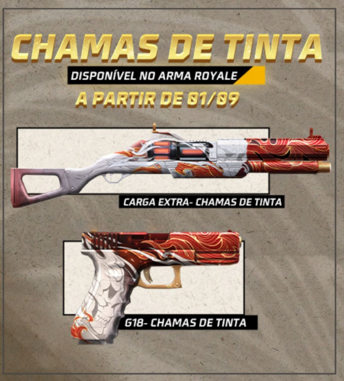 Arma Royale Free Fire Setembro 2022 Skins G18 e Carga Extra Chamas de Tinta disponíveis no dia 1 de setembro