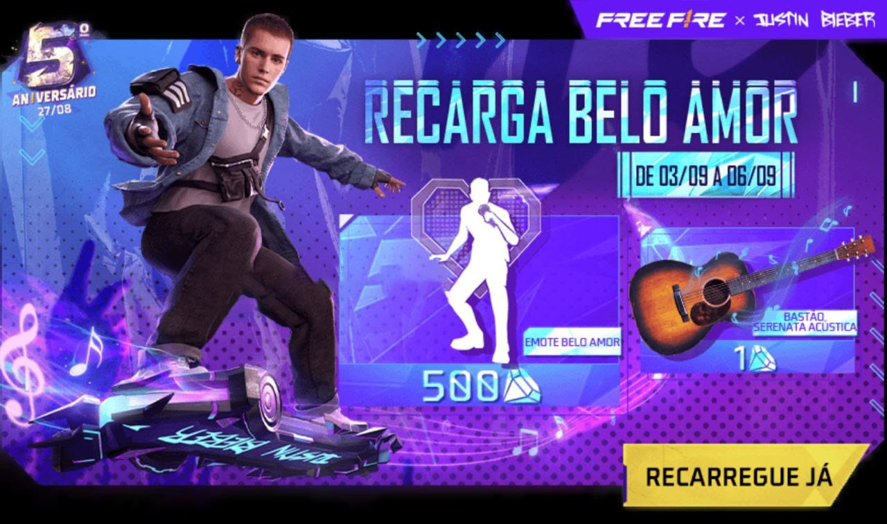 Evento Recarga Free Fire Bastão Serenata Acústica e o Emote Belo Amor chega em 01 de setembro