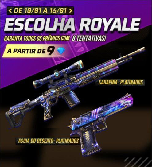 Escolha Royale Free Fire Ganhe Carapina e a Águia do Deserto Platinados