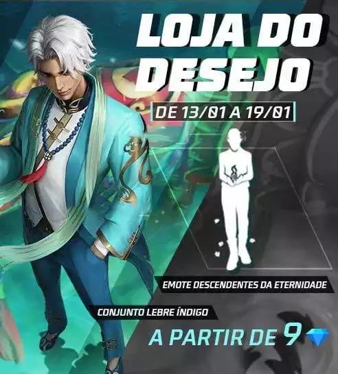 Loja do Desejo Free Fire Ganhe o Conjunto Lebre Índigo e Emote Descendentes da Eternidade